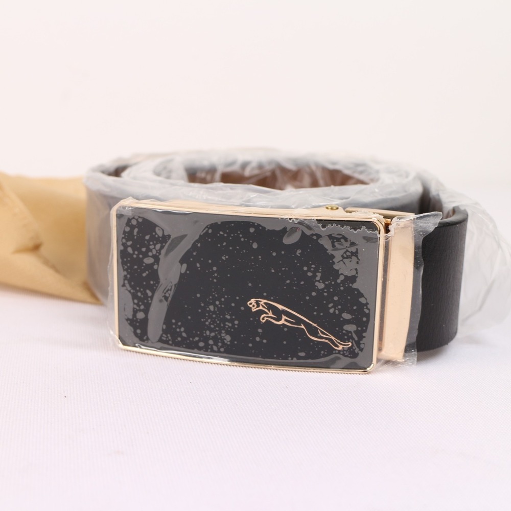 Jaguar Ratchet Belt NEW Black Genuine Leather Gold Alloy Buckle Adjustable Sz 50